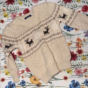 Lands' End Beige Crewneck Sweater with Reindeer Design
